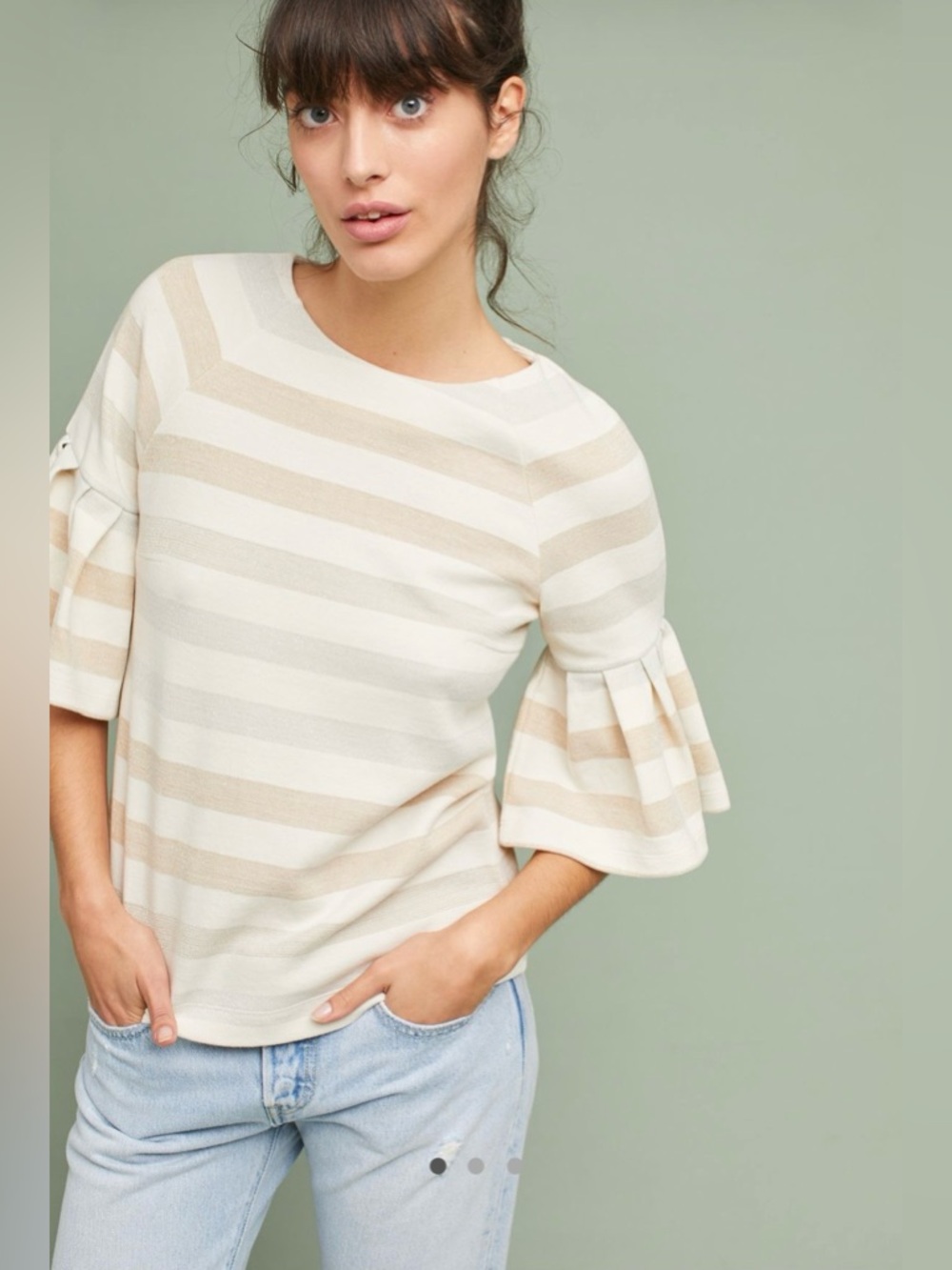 Anthropologie Maeve Stripe Ruffle Sleeve Top in Crème size XS